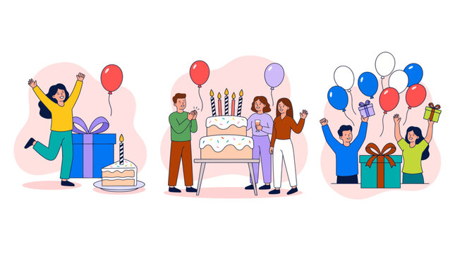 Happy people celebrating birthdays with large cakes, colorful balloons and gift boxes in flat illustration style, symbolizing anniversary event promotion, illustrating social gathering concept