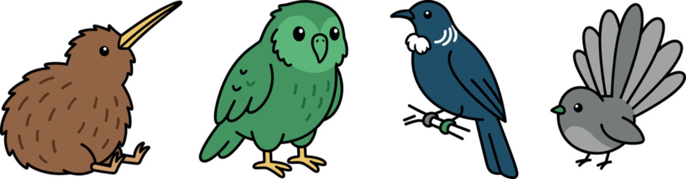Adorable kiwi kakapo tui and fantail bird icon collection with kawaii cartoon style for children book graphics and sticker printing vector elements