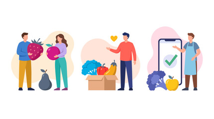 Fototapeta premium Diverse people holding giant fresh organic fruits and vegetables with mobile phone app illustration, symbolizing healthy lifestyle habits and representing digital grocery delivery services