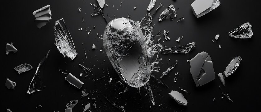 Shattered object, fragments scattered across a dark surface.  A round, opaque object has been violently broken into numerous pieces