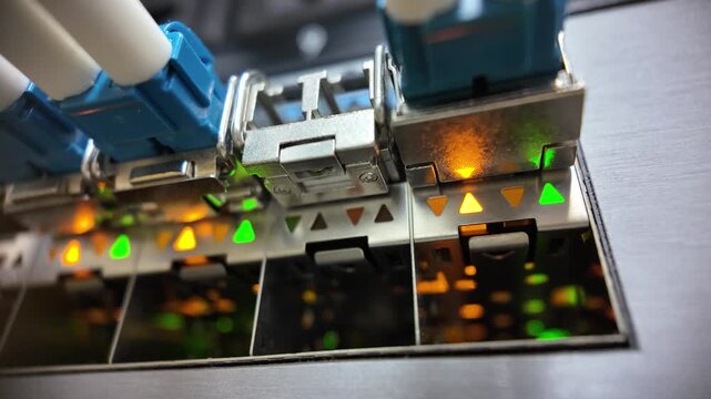 Static Close-up of Fiber Optic Patch Panel Connections in Data Center