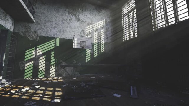 Sunlight slicing through ruined hall with scattered debris and patterned shadows, cold concrete and empty spaces convey aftermath, isolation and cinematic