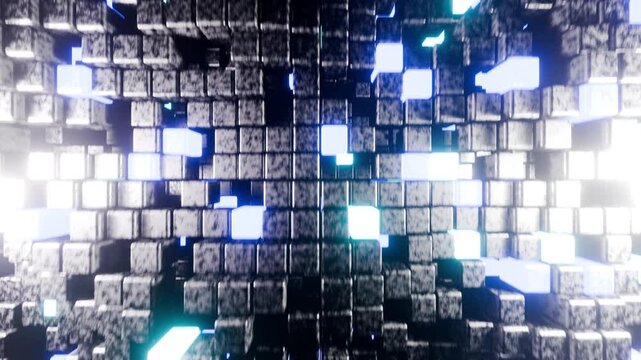 Grey wall with cubes with cyan and blue neon lights VJ seamless loop background