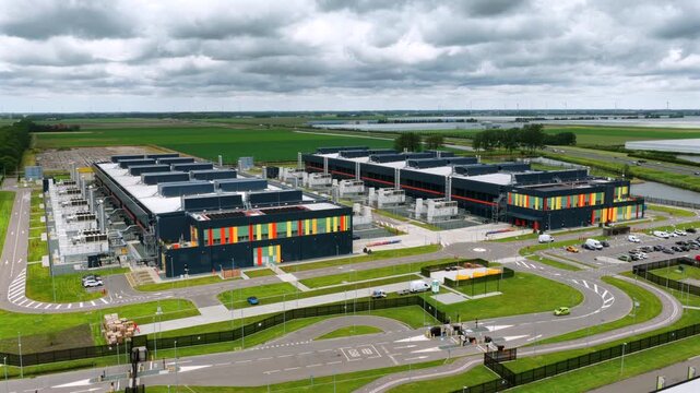 Aerial view of a modern hyperscale data center in the Netherlands