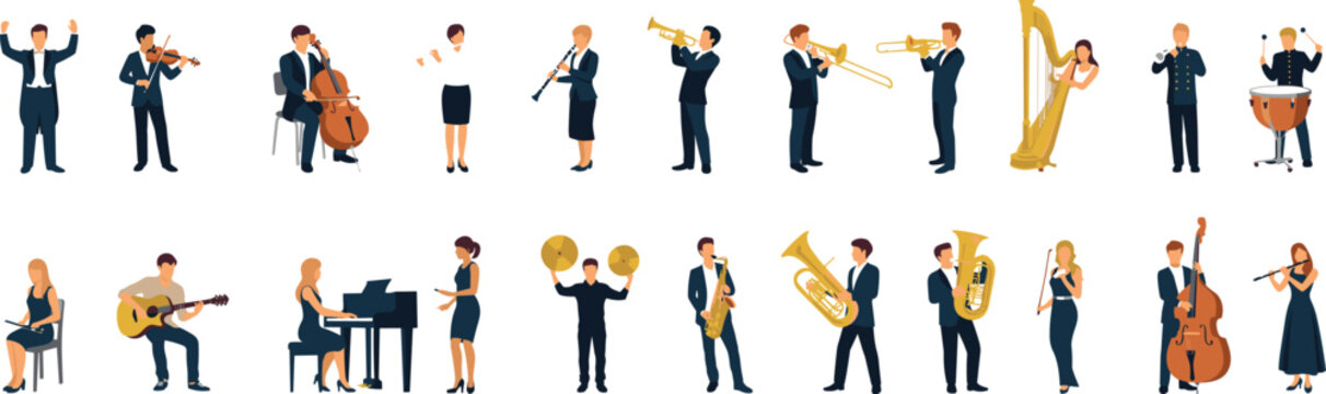 Classical Orchestra Musicians and Instruments Character Set with Conductor Violinist Cellist Trumpeter Pianist and Symphonic Band Flat Vector Elements