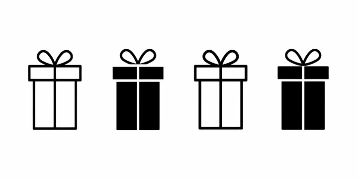 Set of four gift box with ribbons in black and white outline and solid fill styles isolated on a plain white background, for holiday