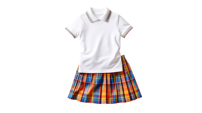 White polo shirt with rainbow collar and plaid pleated skirt, isolated on transparent background