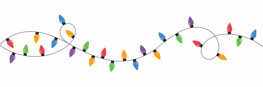 A decorative string of colorful christmas light bulbs arranged in a looping wavy pattern, isolated on a clean white background for