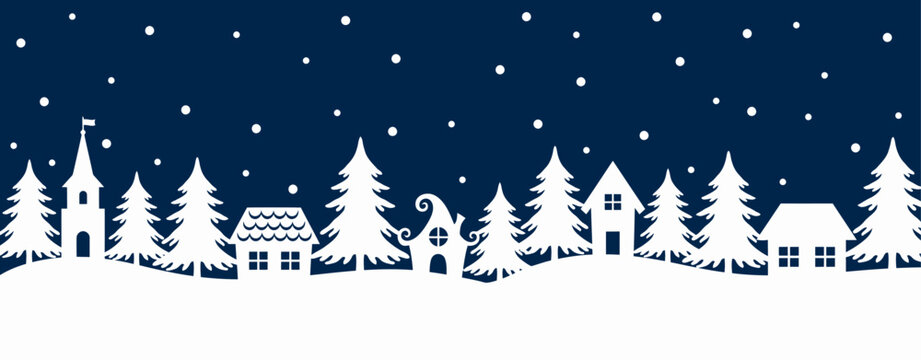 A winter village silhouette with pine trees, houses, and a church against a dark blue sky with falling white snowflakes
