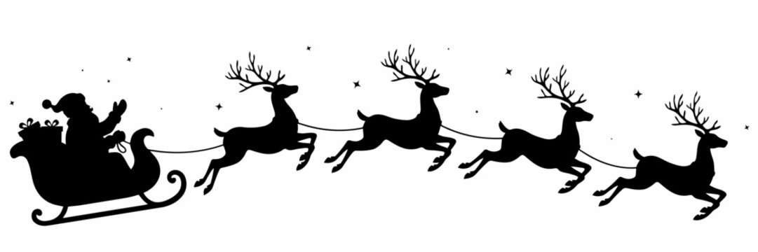 Black silhouette of santa claus riding a sleigh pulled by four flying reindeer on a white background, for christmas holiday use