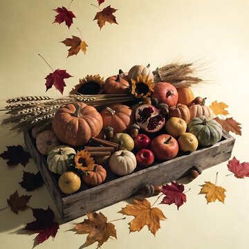 Autumn Harvest Vegetables pampkin and Fruits in Rustic Wooden Crate Display