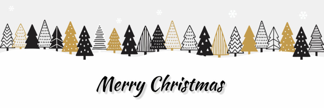 A festive border of hand-drawn stylized christmas trees in black, white, and gold colors with the text merry christmas on a white background