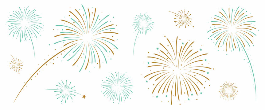 A collection of hand-drawn fireworks in gold and teal colors isolated on a white background, for festive celebration, and party