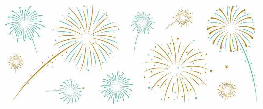 Collection of decorative firework bursts in gold and teal colors isolated on a white background, for festive holiday