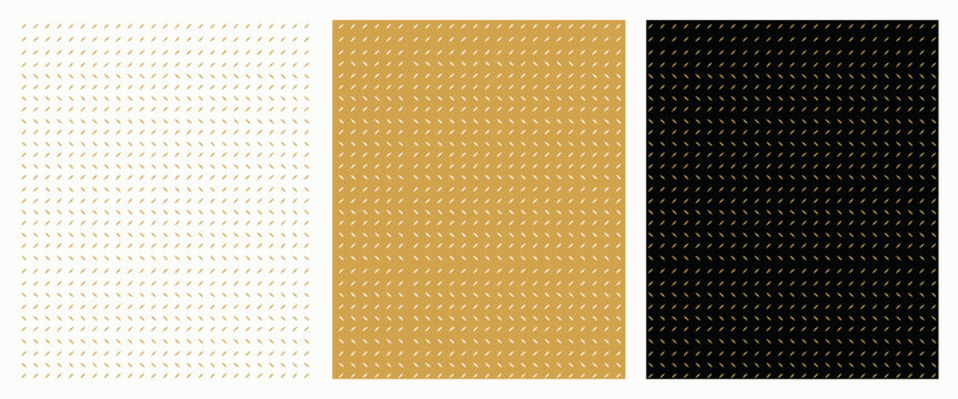 Seamless patterns with small diagonal dash marks in gold and white on white, gold, and black backgrounds for textile or wallpaper