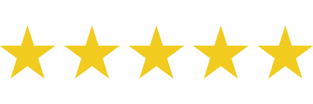 A horizontal row of five identical golden five-pointed stars arranged in a straight line on a clean white background, for festive use