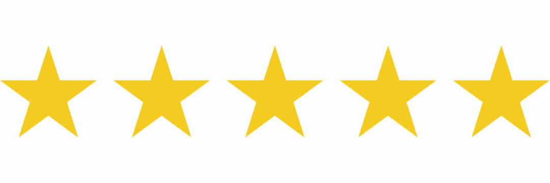 A horizontal row of five identical golden five-pointed stars arranged in a straight line on a clean white background, for festive use