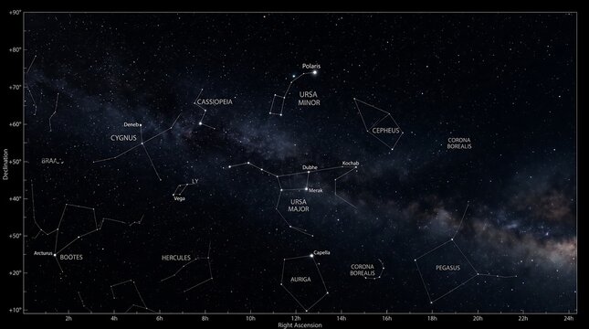 Detailed Night Sky Constellation Star Map with Milky Way Background
