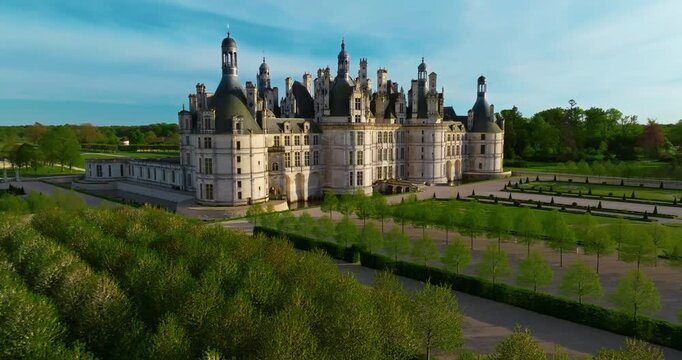 The medieval castle Chambord in France. Aerial shot of the facade of the French castle near Paris