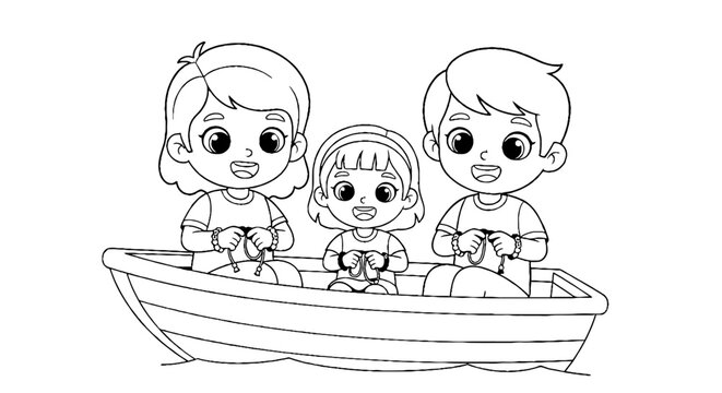 Three children sitting together in a small boat illustration.