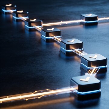 Interconnected validation blocks with glowing routing paths on dark blue corporate background for multi-level control approval workflow concept
