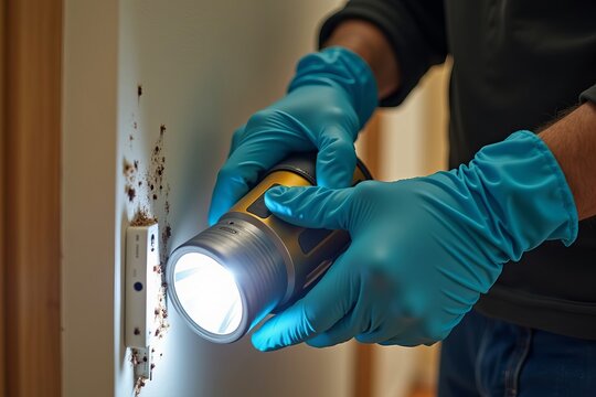 Professional Exterminator Inspecting Bed Bug Infestation with Flashlight in Client's Home