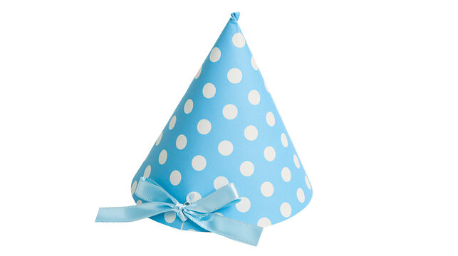 Light blue polka dot party hat with satin ribbon bow, isolated on transparent background