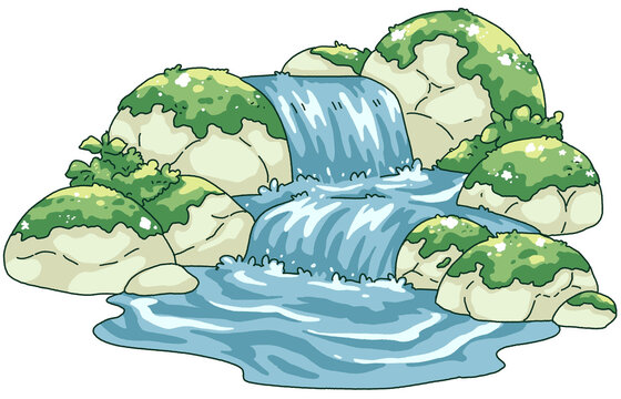 cauliflower in the grass mini waterfall cartoon illustration