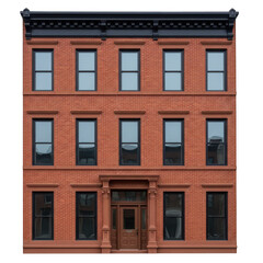 Naklejka premium Classic brownstone townhouse building facade with red brick and black windows isolated on transparent background