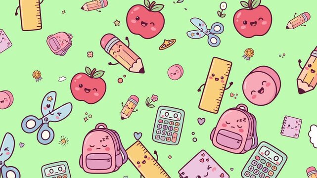 Cute seamless looping back to school pattern animation featuring kawaii school supplies, backpack, pencils, scissors, notebook, ruler, calculator, and apples on a pastel green background.