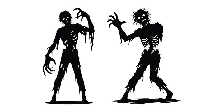 Halloween horror elements set with two creepy walking dead figures. vector illustration isolated on white background