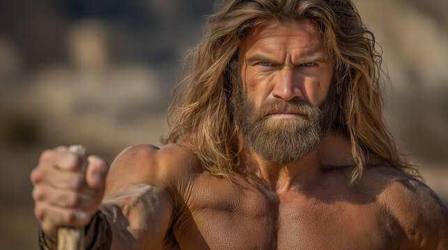Samson holding a jawbone preparing for battle against the Philistines in an ancient biblical desert confrontation