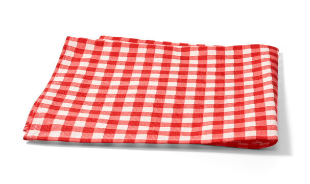 Red napkin on white background. Folded red-and-white gingham kitchen towel isolated.
