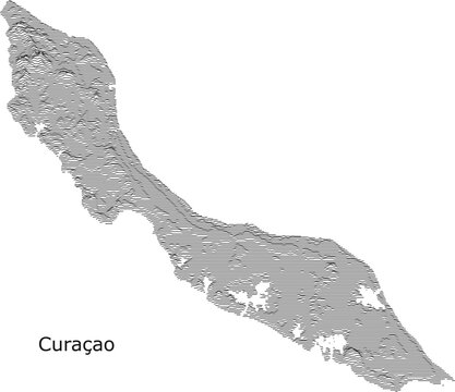 High-contrast, joy-plot style typographic map of Cura&ccedil;ao, showcasing the elongated island profile and elevation contours using stacked ridge lines.