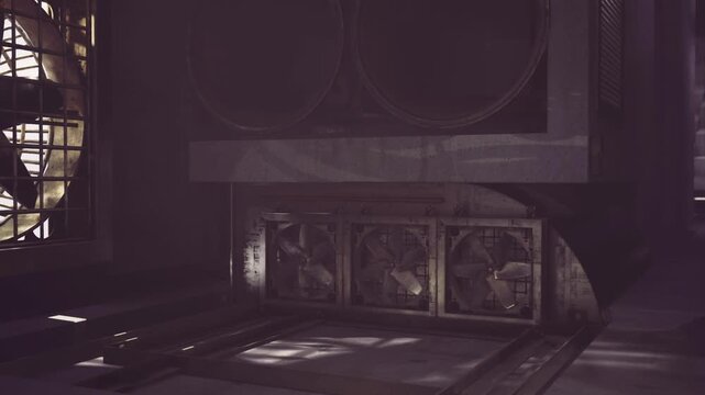 Intake vent casting patterned shadows across concrete floor, angular beams creating lattice silhouette, fan blades visible through mesh, gritty surface details,