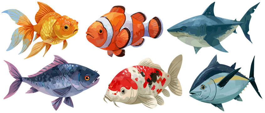 Set of gouache watercolor fish illustrations isolated on white background. Marine life collection including goldfish, clownfish, shark, koi carp, and tuna. Hand-painted stylized underwater animals