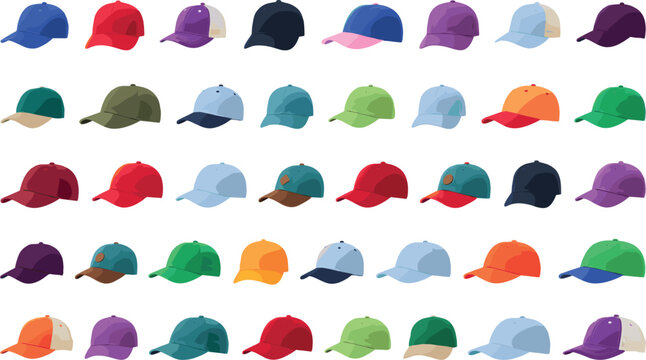 Baseball Cap Collection Set Vector Illustration, Colorful Sports Hat Variety in Multiple Colors and Styles, Fashion Headwear Accessory Design