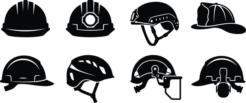 Safety Helmet and Hard Hat Silhouette Icon Set for Construction and Industrial Protection
