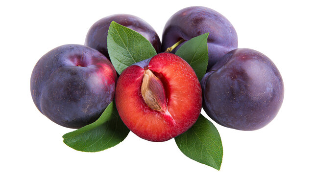 Ripe purple plums with green leaves one plum cut in half showing seed, isolated on transparent background