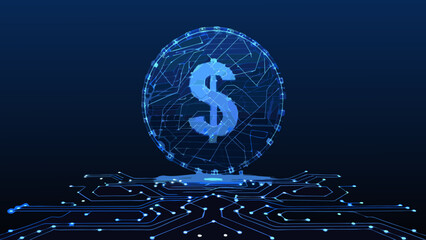 Dollar sign within a polygonal sphere a digital representation with a circuit board base circuitry currency finance © Chapala