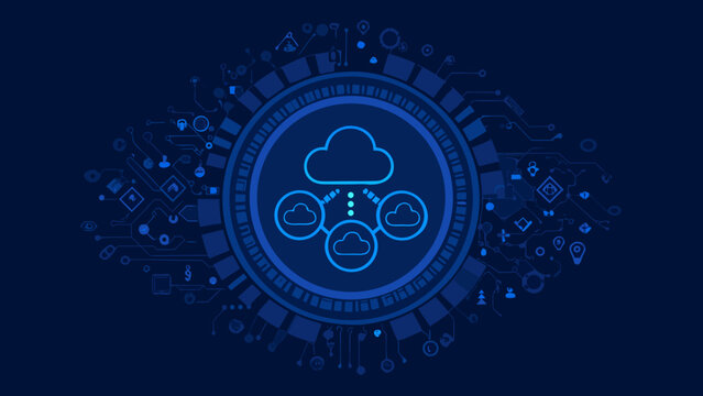 Circular network pattern with cloud icons and connecting lines on a dark blue background abstract design azure circular arrangement