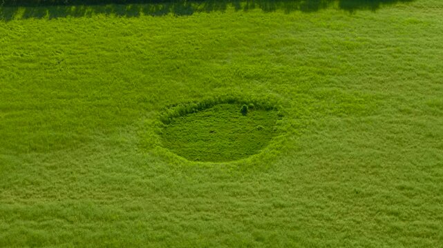 Extraterrestrial phenomenon developing inside natural meadow landscape. Wide aerial view emphasizing enigmatic circular depression associated with crop circle legends and alien stories. Green