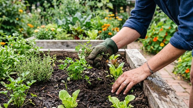 Gardener wearing gloves pulls weeds from a raised garden bed filled with fresh vegetables and flowers