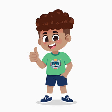Cheerful young boy with curly hair giving a thumbs up gesture, wearing a robot t-shirt, positive cartoon character illustration for success or approval