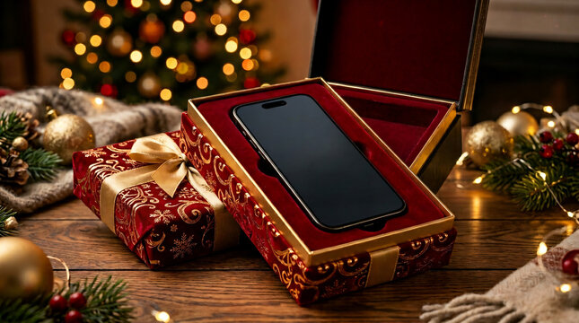 Smartphone in gift box on wooden table with Christmas decorations