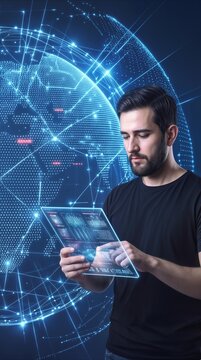 Software engineer interacting with holographic tablet interface. Global communication network and digital planet earth background.