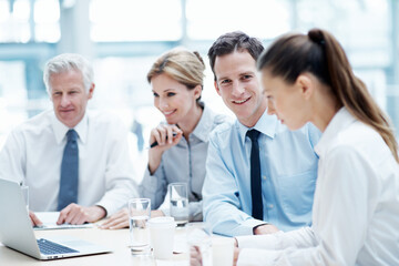 Fototapeta premium Portrait, man and smile in office with business meeting, financial management and laptop for audit. Happy, person and accounting team in firm with computer, bookkeeping and corporate finance career.