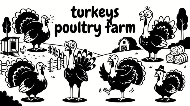 domestic turkeys roaming across a traditional poultry farm with fenced yards wooden shelters feeding stations grassy fields and sustainable agricultural breeding facilities in a peaceful rural