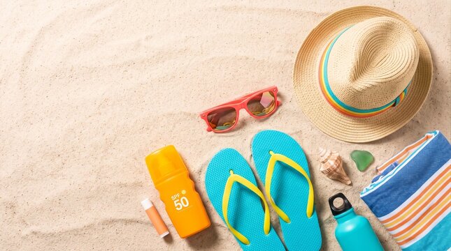 Summer Beach Vacation Essentials on Sand.
