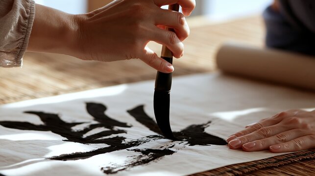 Main tenant un pinceau calligraphiant des caract&egrave;res chinois &agrave; l'encre